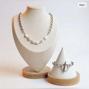 Antiqued Pewter, Sterling Silver & Freshwater Pearls, Necklace & Bracelet Set